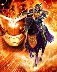 Rule 34 | 1boy, armor, belt, highres, horse, horseback riding, kamen rider, kamen rider gaim, kamen rider gaim (series), male focus, mask, reins, riding, solo, sword, weapon, yusao
