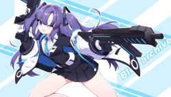 Rule 34 | blue archive, commentary, dual wielding, gloves, gun, hair ornament, highres, holding, id card, jacket, long hair, looking at viewer, necktie, one eye closed, open mouth, purple eyes, purple hair, rx7649, school uniform, simple background, solo, submachine gun, trigger discipline, weapon, yuuka (blue archive)