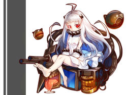 Rule 34 | 10s, 1girl, abyssal ship, ahoge, barefoot, colored skin, covered mouth, dress, enemy aircraft (kancolle), horns, kantai collection, long hair, looking at viewer, machinery, mittens, northern ocean princess, red eyes, simple background, sitting, striped, striped background, turret, white dress, white hair, white skin, yuuji (yukimimi)