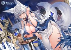 Rule 34 | 1girl, :d, alcohol, animal ear fluff, animal ears, artist request, azur lane, blue butterfly, blue collar, blue dress, blue eyes, blush, breasts, bug, building, butterfly, city, cleavage, collar, copyright name, detached collar, dress, drink, dutch angle, evening gown, feather boa, flower, fox ears, glass, tucking hair, hand up, highres, insect, kitsune, kyuubi, large breasts, leaning forward, leaning on table, long hair, looking at viewer, multiple tails, night, official art, open mouth, shinano (azur lane), shinano (dreams of the hazy moon) (azur lane), smile, solo, standing, star (sky), table, tail, thighs, watermark, whiskey, white flower, white tail, wide sleeves, wrist flower