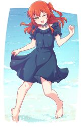 Rule 34 | 1girl, ;d, barefoot, blue dress, bocchi the rock!, collarbone, dress, e20, frilled dress, frills, full body, green eyes, half-closed eye, highres, kita ikuyo, long hair, one eye closed, one side up, open mouth, outside border, puffy short sleeves, puffy sleeves, red hair, short sleeves, smile, solo, star (symbol)