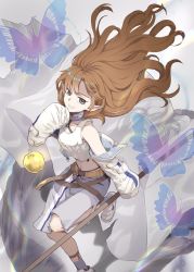 Rule 34 | 1girl, apple, arknights, bare shoulders, brown hair, bug, butterfly, detached collar, flag, food, fruit, golden apple, green eyes, highres, holding, holding flag, insect, jacket, long hair, myrtle (arknights), off shoulder, parted lips, pointy ears, sleeves past fingers, sleeves past wrists, solo, vhdtyzusixc7fai, white jacket