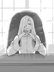 Rule 34 | 1girl, chair, desk, gendou pose, greyscale, hair over one eye, hands clasped, indoors, long hair, long sleeves, metarogu, monochrome, narbareck, office chair, own hands clasped, own hands together, robe, sitting, solo, swivel chair, table, tagme, tsukihime, type-moon, window