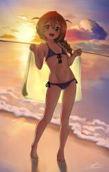 Rule 34 | 1girl, :d, baba konomi, bare shoulders, beach, bikini, blush, braid, brown hair, c (theta), cloud, commentary request, flat chest, front-tie bikini top, front-tie top, full body, green eyes, hair over shoulder, highres, holding, holding towel, horizon, idolmaster, idolmaster million live!, long hair, looking at viewer, navel, ocean, open mouth, outdoors, sand, short hair, side-tie bikini bottom, single braid, sky, smile, solo, standing, stomach, string bikini, sunset, swimsuit, towel, two side up