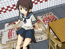 Rule 34 | 1girl, black hair, blue sailor collar, blue skirt, commentary, english commentary, feet out of frame, five guys burgers and fries, fubuki (kancolle), green eyes, kantai collection, long hair, low ponytail, one-hour drawing challenge, pleated skirt, ponytail, sack, sailor collar, school uniform, serafuku, short ponytail, sidelocks, sitting, sixten, skirt, solo, table, tile floor, tile wall, tiles