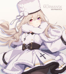 Rule 34 | 1girl, absurdres, azur lane, belt, black belt, black pantyhose, blonde hair, character name, closed mouth, coat, copyright name, cross, cross necklace, dress, english text, fur-trimmed coat, fur hat, fur trim, hat, heterochromia, highres, jewelry, long hair, looking at viewer, murmansk (azur lane), necklace, northern parliament (emblem), pantyhose, papakha, pink hair, purple eyes, rabe26k, russian text, simple background, smile, solo focus, white coat, white dress, white headwear