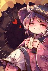 Rule 34 | 1girl, black hat, bloomers, blush, bowl, bowl hat, closed eyes, closed mouth, eating, food, food on face, hat, heart, highres, holding, holding food, japanese clothes, kimono, long sleeves, mame komari, one-hour drawing challenge, purple hair, red kimono, short hair, smile, solo, sukuna shinmyoumaru, touhou, underwear, white bloomers, wide sleeves