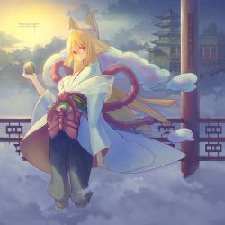 Rule 34 | 1girl, absurdres, animal ear fluff, animal ears, architecture, blonde hair, closed mouth, commentary request, copyright request, east asian architecture, feel (nasitaki), fog, fox ears, grey pants, hair between eyes, hand up, highres, holding, japanese clothes, long hair, long sleeves, pants, red eyes, sash, solo, torii, wide sleeves
