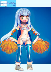Rule 34 | 10-tan, 1girl, :d, absurdres, bikini, blue bikini, blue hair, blue sleeves, blue thighhighs, blunt bangs, breasts, bright pupils, character name, cleavage, cross-shaped pupils, detached sleeves, eyepatch bikini, fang, full body, grey footwear, highres, holding, holding pom poms, legs apart, light blue hair, long hair, long sleeves, navel, open mouth, os-tan, pom pom (cheerleading), pom poms, small breasts, smile, solo, standing, swimsuit, symbol-shaped pupils, thick eyebrows, thighhighs, tsukiyono aroe, underboob, very long hair, white pupils, wide sleeves, yellow eyes