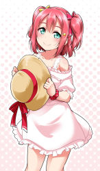 Rule 34 | 1girl, aqua eyes, blush, clothing cutout, collarbone, commentary request, dress, frilled sleeves, frills, hair ornament, hair ribbon, halftone, halftone background, hat, unworn hat, hat ribbon, unworn headwear, holding, holding clothes, holding hat, kurosawa ruby, looking at viewer, love live!, love live! school idol festival, love live! sunshine!!, pink dress, pink ribbon, polka dot, polka dot scrunchie, red hair, red ribbon, red scrunchie, ribbon, scrunchie, short sleeves, shoulder cutout, smile, solo, star (symbol), star hair ornament, sun hat, sundress, wrist scrunchie, yopparai oni