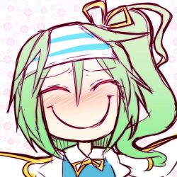 Rule 34 | 1girl, blush, bow, closed eyes, daiyousei, dress, green hair, hair bow, hair ribbon, image sample, kuresento, object on head, panties, panties on head, ribbon, short hair, side ponytail, sketch, smile, solo, striped clothes, striped panties, touhou, underwear, wings