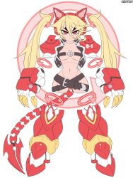 Rule 34 | 1girl, absurdres, amputee, android, animal ears, artist name, belt, belt bra, blonde hair, breasts, claws, detached limbs, fake animal ears, frown, gynoid, highres, joints, large breasts, littlepengo, long hair, looking at viewer, mecha musume, mechanical tail, metalkaiser, navel, original, quadruple amputee, red eyes, robot, robot joints, seraphina demonbane, tail, twintails