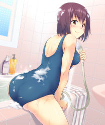 Rule 34 | 1girl, arm support, ass, back, bare arms, bare shoulders, bath, bathing, bathtub, blue one-piece swimsuit, blush, bottle, breasts, brown eyes, brown hair, bubble, closed mouth, cowboy shot, dutch angle, eyebrows, foam, from behind, from side, halftone, holding, hose, indoors, kanata (kanata onion), leaning forward, light smile, looking at viewer, looking back, one-piece swimsuit, original, pink eyes, purple hair, school swimsuit, short hair, shower head, sink, sitting, skin tight, soap bottle, soap bubbles, solo, straddling, striped, suggestive fluid, swimsuit, tile wall, tiles, towel, upright straddle, water, wet, window