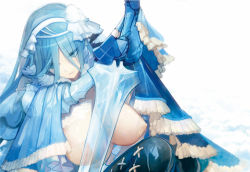 Rule 34 | 1girl, black pants, blue eyes, blue gloves, blue hair, blue robe, breasts, closed mouth, commentary request, covered erect nipples, gloves, hair between eyes, hair ornament, headdress, holding, holding sword, holding weapon, large breasts, long hair, looking down, original, pants, pasties, pupps, robe, sitting, sword, veins, veiny breasts, weapon