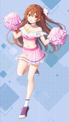 Rule 34 | 1girl, bare legs, bare shoulders, breasts, brown hair, cheerleader, choker, cleavage, collarbone, crop top, fang, full body, girl cafe gun, hair ornament, hair ribbon, hairclip, hands up, highres, holding, holding pom poms, irene white (girl cafe gun), jewelry, kinako (shiratama mochi), leg up, long hair, looking at viewer, medium breasts, midriff, miniskirt, navel, necklace, off-shoulder shirt, off shoulder, official art, one side up, open mouth, pink shirt, pink skirt, pleated skirt, pom pom (cheerleading), pom poms, red eyes, ribbon, shirt, shoes, skirt, smile, sneakers, socks, solo, white choker, white socks