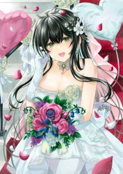 Rule 34 | 1girl, absurdres, alternate costume, azur lane, balloon, bare shoulders, black hair, breasts, bridal veil, choker, cleavage, cowboy shot, dress, flower, gloves, green eyes, hair flower, hair ornament, heart balloon, highres, indomitable (azur lane), large breasts, looking at viewer, open mouth, pantyhose, solo, stairs, traditional media, veil, wedding dress, whipberry, white choker, white dress, white flower, white gloves, white pantyhose