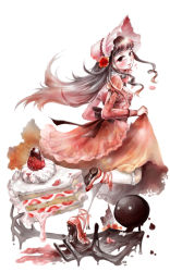 Rule 34 | 1girl, brown hair, cake, cake slice, castle, chocolate, clothes lift, deemo, deemo (character), dress, food, from side, fruit, full body, girl (deemo), highres, lolita fashion, looking at viewer, looking back, pink dress, rosetta (deemo), skirt, skirt lift, smile, stepping, strawberry, strawberry shortcake, vesta (delaurant02)