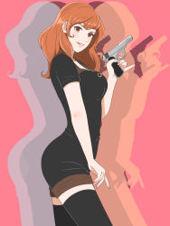 Rule 34 | 1girl, black dress, black thighhighs, breasts, brown eyes, brown hair, cowboy shot, dress, from side, gun, handgun, highres, holding, holding gun, holding weapon, k1921, large breasts, long hair, lupin iii, mine fujiko, parted lips, pink background, short dress, short sleeves, solo, standing, straight hair, thighhighs, weapon, zettai ryouiki