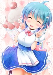 Rule 34 | 1girl, apron, back bow, blue hair, blush, bow, bowtie, breasts, brooch, cherry, closed eyes, collared dress, double v, dress, flower, food, frilled dress, frills, fruit, hair flower, hair ornament, hair ribbon, heart, heart brooch, highres, ice cream, jewelry, large breasts, mary janes, minami shinju, open mouth, original, parfait, ribbon, shoes, short hair, short sleeves, smile, socks, solo, sparkle, standing, standing on one leg, strawberry, v, wrist cuffs