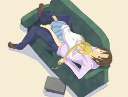 Rule 34 | 1boy, 1girl, artist request, barefoot, black eyes, blonde hair, blue pants, blue skirt, blush, brown eyes, brown hair, casual, couch, closed eyes, from above, hagimura suzu, long hair, looking at viewer, lying, lying on person, on back, on couch, on stomach, pants, pleated, pleated skirt, seitokai yakuindomo, shirt, skirt, sleeping, smile, tsuda takatoshi, twintails, white shirt