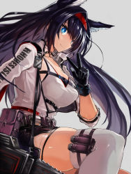 Rule 34 | 1girl, animal ears, arknights, belt, black gloves, black hair, blaze (arknights), blue eyes, breasts, cat ears, chainsaw, edobox, framed breasts, gloves, grey background, hairband, large breasts, long hair, red hairband, simple background, sitting, skindentation, smile, solo, thigh strap, thighhighs, thighs, v, very long hair, white thighhighs