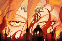 Rule 34 | 1girl, azeyma, blurry, blurry foreground, building, circlet, city, dated, eye focus, final fantasy, final fantasy xiv, fire, gem, giant, giantess, green gemstone, hair between eyes, highres, long hair, looking at viewer, orange hair, portrait, signature, solo, straight-on, yellow eyes, yemao zhangyu