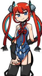 Rule 34 | 1boy, :&gt;, absurdres, bare shoulders, black thighhighs, blue dress, blue eyes, bulge, closed mouth, clothes pull, covered collarbone, crossdressing, dress, dress pull, garter straps, hair ornament, highres, lakilolom, long hair, looking at viewer, male focus, nezha (warframe), pulled by self, red hair, simple background, sleeveless, sleeveless dress, smile, solo, thighhighs, trap, twintails, warframe, white background, zipper, zipper pull tab