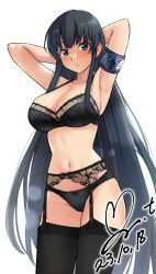 Rule 34 | 1girl, armband, armpits, arms behind head, arms up, black bra, black garter belt, black hair, black panties, black thighhighs, blue eyes, blush, bra, breasts, cleavage, closed mouth, commentary request, commission, cowboy shot, dated, expressionless, garter belt, highres, ikaruga (senran kagura), large breasts, lingerie, long hair, looking at viewer, navel, panties, pixiv commission, senran kagura, signature, simple background, solo, stomach, sweatdrop, thighhighs, underwear, underwear only, very long hair, white background, yoo tenchi