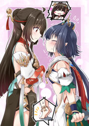 2girls ahoge bare_shoulders barefoot black_hair blush breasts brown_hair chinese_clothes closed_eyes closed_mouth colored_extremities commentary_request commission cowboy_shot crossed_arms detached_sleeves from_side hair_ornament headpiece honkai:_star_rail honkai_(series) ichimi imminent_kiss lingsha_(honkai:_star_rail) long_hair looking_at_another low_twintails medium_breasts multiple_girls parted_lips pink_background pointy_ears profile red_eyes red_hands skeb_commission small_sweatdrop smile speech_bubble spoken_character tassel tassel_hair_ornament tiptoes trembling twintails yunli_(honkai:_star_rail) yuri