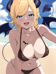 Rule 34 | 1girl, beach, blonde hair, blue eyes, blue sky, breast tattoo, breasts, cloud, demon girl, demon horns, demon tail, demon wings, highres, hololive, horns, large breasts, looking at viewer, navel, open mouth, pointy ears, sky, smile, solo, tail, tattoo, teeth, tsukune (omaekusaina0501), upper teeth only, virtual youtuber, water, winged heart tattoo, wings, yuzuki choco