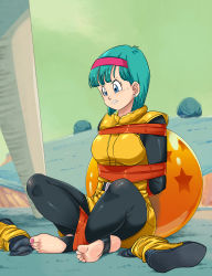 Rule 34 | 1girl, absurdres, angry, arms behind back, barefoot, bdsm, blue eyes, blue grass, bodysuit, bondage, bound, breasts, bulma, dragon ball, dragonball z, earrings, full body, green hair, green sky, hairband, highres, jewelry, lost one zero, medium breasts, namek, red hairband, shoes, unworn shoes, short hair, sitting, sweat, tape, tape bondage