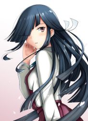 Rule 34 | 1girl, arm at side, black hair, blunt ends, blush, breasts, commentary request, dress, from side, gradient background, hair over one eye, hair ribbon, hand up, hayashimo (kancolle), highres, kantai collection, long hair, long sleeves, looking at viewer, looking back, looking to the side, medium breasts, ootori subaru, parted lips, petals, pink background, pink eyes, pleated dress, purple dress, ribbon, school uniform, shirt, simple background, solo, very long hair, white ribbon, white shirt