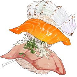 Rule 34 | fish (food), food, food focus, highres, miri illust, no humans, ood, original, rice, simple background, sushi, white background