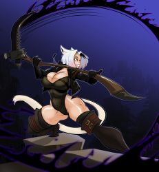 Rule 34 | 1girl, absurdres, warrior of light (ff14), black gloves, breasts, brown eyes, cat tail, cleavage, clumzor, cropped jacket, dog tags, facial mark, final fantasy, final fantasy xiv, gloves, highleg, highleg leotard, highres, holding, holding scythe, jacket, large breasts, leotard, miqo&#039;te, open clothes, open jacket, reaper (final fantasy), scythe, short hair, slit pupils, smile, solo, tail, teeth, thighhighs, whisker markings, white hair