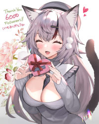 Rule 34 | 1girl, :d, absurdres, animal ear fluff, animal ears, artist name, between breasts, black necktie, blush, box, breasts, cat ears, cat girl, cat tail, closed eyes, commentary request, dress, english text, facing viewer, fang, flower, gift, grey dress, grey hair, grey headwear, heart, heart-shaped box, highres, hitowa, holding, holding gift, long sleeves, milestone celebration, multicolored hair, necktie, necktie between breasts, open mouth, original, pink flower, pink rose, red hair, red ribbon, ribbon, rose, simple background, sleeves past wrists, smile, solo, streaked hair, tail, translation request, twitter username, two-tone hair, upper body, white background