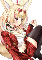 Rule 34 | 1girl, absurdres, ahoge, animal ear fluff, animal ears, belt, black choker, black footwear, blonde hair, blue hair, blush, boots, breasts, brown belt, choker, closed mouth, commentary request, cropped jacket, cropped shirt, earrings, ebiko yaki, eyewear on head, feet out of frame, fox ears, fox girl, fox tail, glasses, heart, heart-shaped eyewear, heart-shaped pupils, heart choker, highres, hololive, hoop earrings, jacket, jewelry, long hair, long sleeves, medium breasts, midriff, multicolored hair, multiple necklaces, nail polish, navel, official alternate costume, official alternate hairstyle, omaru polka, omaru polka (5th costume), opaque glasses, open clothes, open jacket, pink hair, plaid, plaid jacket, plaid shorts, purple eyes, red-tinted eyewear, red jacket, red nails, red shorts, shirt, shorts, simple background, smile, solo, streaked hair, sunglasses, symbol-shaped pupils, t-shirt, tail, thigh boots, tinted eyewear, twitter username, virtual youtuber, white background, white shirt