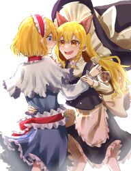 Rule 34 | 2girls, alice margatroid, animal ear fluff, animal ears, apron, blonde hair, blue eyes, blush, bow, braid, capelet, commentary request, cowboy shot, crossed bangs, hair between eyes, hairband, hand on another&#039;s shoulder, hand on another&#039;s waist, hat, highres, jingai (k1bun), kirisame marisa, lolita hairband, long hair, multiple girls, open mouth, short hair, single braid, skirt, smile, touhou, waist apron, wavy mouth, white apron, white background, witch hat, yellow eyes, yuri