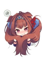 Rule 34 | 1girl, ahoge, animal ears, blush, bow, chibi, closed mouth, crying, crying with eyes open, daiwa scarlet (umamusume), dated, frown, hair bow, hair intakes, holding, holding own hair, horse ears, horse girl, koruri, long hair, looking at viewer, nose blush, pink eyes, red bow, simple background, solo, speech bubble, spoken squiggle, squiggle, tears, tiara, twintails, twitter username, umamusume, v-shaped eyebrows, very long hair, wavy mouth, white background