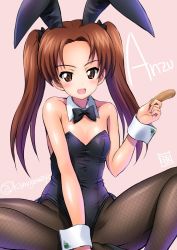 Rule 34 | 1girl, :d, alternate costume, animal ears, bare shoulders, black leotard, blush, bow, bowtie, breasts, brown eyes, brown hair, character name, cleavage, collarbone, detached collar, fake animal ears, fingernails, fishnet pantyhose, fishnets, food, forehead, girls und panzer, hair bow, kadotani anzu, kamogawa tanuki, leotard, long hair, open mouth, pantyhose, parted bangs, pink background, playboy bunny, rabbit ears, shiny clothes, side-tie leotard, signature, simple background, sitting, small breasts, smile, solo, sweet potato, twintails, twitter username, wrist cuffs