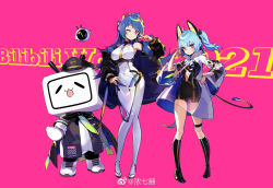 Rule 34 | 2girls, ;), ahoge, animal ears, bilibili, black footwear, blue hair, bodysuit, boots, breasts, bright pupils, chinese commentary, fake animal ears, fei (idws321), fox shadow puppet, full body, hand on own hip, headphones, highres, knee boots, large breasts, multiple girls, one eye closed, pink background, red eyes, side ponytail, simple background, small breasts, smile, standing, thigh strap, w