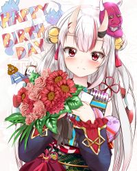 Rule 34 | 1girl, blush, commentary, double bun, flower, gift, gold trim, hair between eyes, hair bun, happy birthday, hololive, horns, japanese clothes, kouhaku nawa, letter, long hair, looking at viewer, mask, nakiri ayame, nakiri ayame (1st costume), oni mask, portrait, red eyes, rope, shimenawa, silver hair, skin-covered horns, solo, virtual youtuber, white background