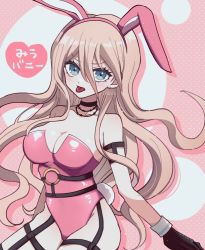 Rule 34 | 1girl, alternate costume, animal ears, artist name, barbed wire, bare shoulders, black choker, black gloves, breasts, choker, cleavage, commentary request, danganronpa (series), danganronpa v3: killing harmony, fake animal ears, gloves, green eyes, heart, iruma miu, large breasts, leotard, long hair, mikao (eanv5385), o-ring, pink background, pink leotard, polka dot, polka dot background, shiny clothes, solo, tongue, tongue out, translation request, watermark, white background