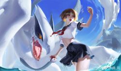 Rule 34 | arm at side, arm up, blue sailor collar, blue skirt, breasts, brown eyes, brown hair, cloud, creatures (company), crop top, day, game freak, gen 2 pokemon, highres, holding, holding poke ball, legendary pokemon, looking at viewer, lugia, medium breasts, mountain, neckerchief, nintendo, no bra, open mouth, parted lips, partially submerged, pleated skirt, poke ball, poke ball (basic), pokemon, pokemon (creature), red lips, red neckerchief, sailor collar, saliva, school uniform, serafuku, shirt, short hair, short sleeves, skirt, standing, sunlight, tongue, watermark, white shirt, y xun