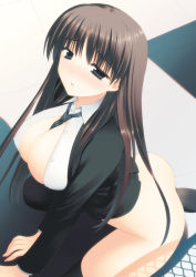 Rule 34 | 1girl, :o, aqua eyes, ass, between breasts, black thighhighs, blush, bottomless, breasts, brown hair, cleavage, dress shirt, female focus, from above, green eyes, huge breasts, kneeling, long hair, looking at viewer, looking up, necktie, necktie between breasts, no bra, open clothes, open mouth, open shirt, original, school uniform, shirt, sitting, solo, takano miki, thighhighs, unbuttoned, white shirt, wing collar