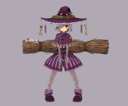 Rule 34 | 1girl, bad id, bad pixiv id, bandages, female focus, full body, grey hair, hair over one eye, hat, jack-o&#039;-lantern, ofuda, original, pumpkin, red eyes, scarf, short hair, simple background, solo, witch, witch hat, wuliao555