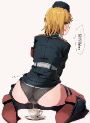 Rule 34 | 1girl, absurdres, artist request, ass, black panties, blonde hair, blush, brown hair, from behind, girls&#039; frontline, hat, highres, japanese text, looking back, mp40 (girls&#039; frontline), panties, peeing, peeing in cup, solo, translation request, underwear