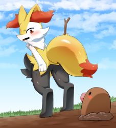 Rule 34 | 1girl, animal ear fluff, animal ears, animal feet, animal hands, animal nose, arms at sides, ass, black fur, blue sky, blush, blush stickers, body fur, braixen, brown eyes, creatures (company), day, diglett, dutch angle, embarrassed, fang, female focus, fox ears, fox girl, fox tail, from behind, from below, full body, game freak, gen 1 pokemon, gen 6 pokemon, grass, highres, kneepits, legs, looking at another, looking back, looking down, looking up, multicolored fur, nintendo, open mouth, outdoors, pokemon, pokemon (creature), red eyes, sky, snout, solo focus, standing, stick, sum (ganach24), tail, thighs, wavy mouth, white fur, yellow fur