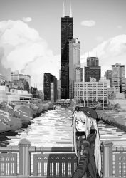 Rule 34 | 1girl, absurdres, beret, boat, building, city, cityscape, dongdong (0206qwerty), girls&#039; frontline, greyscale, hat, highres, jacket, long hair, looking at viewer, mdr (girls&#039; frontline), monochrome, open mouth, river, scenery, sidelocks, smile, solo, watercraft, willis tower