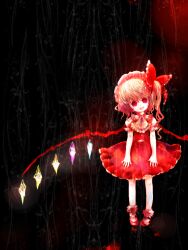 Rule 34 | 1girl, ascot, black background, blonde hair, bobby socks, bow, crystal, dark background, flandre scarlet, full body, glowing, glowing wings, hair bow, head tilt, looking at viewer, mary janes, masamune (eight5050), medium hair, one side up, open mouth, puffy short sleeves, puffy sleeves, red bow, red eyes, red skirt, red vest, shirt, shoes, short sleeves, simple background, skirt, socks, solo, touhou, vest, white shirt, wings