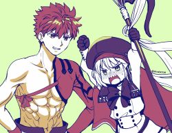 Rule 34 | 1boy, 1girl, abs, arms up, artoria caster (fate), artoria pendragon (fate), beret, blush, brown eyes, clenched teeth, cloak, coat, commentary request, emiya shirou, fate/grand order, fate (series), gloves, green background, green eyes, hands on own hips, hat, highres, holding, holding staff, igote, limited/zero over, looking at another, muscular, muscular male, navel, open mouth, paraiso, red hair, ribbon, senji muramasa (fate), sharp teeth, simple background, spiked hair, staff, sweatdrop, teeth, twitter username, v-shaped eyebrows